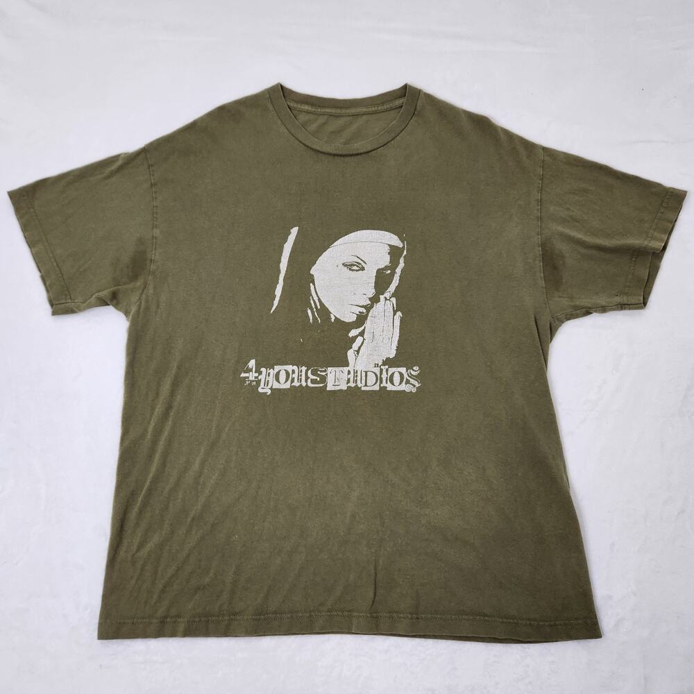 4YOUSTUDIOS Vintage Olive Green Nun Stencil Graphic Tee Gothic Streetwear Men XL